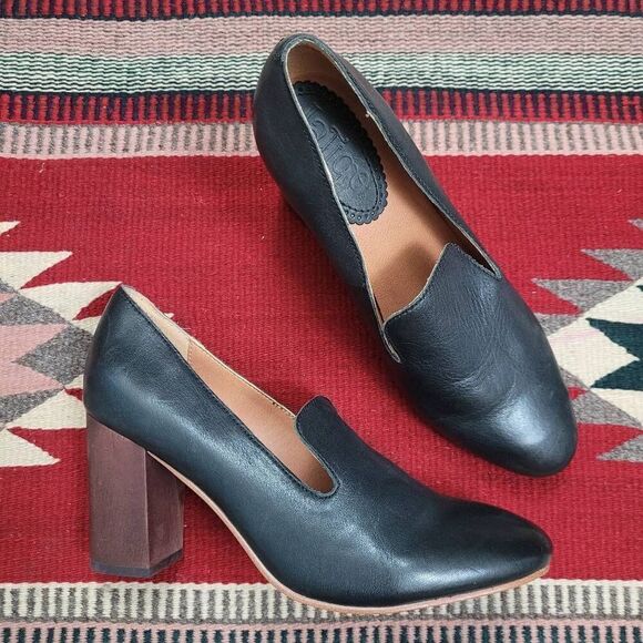 Latigo Kala Leather Loafer Pump Sz 8.5 Black Wooden Block Heel Office Work Caree - Picture 1 of 9